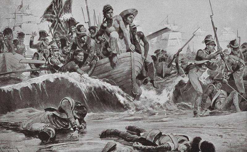 As tropas britânicas forçam um desembarque na baía de Aboukir face às baterias francesas (litografia) de Richard Caton II (after) Woodville