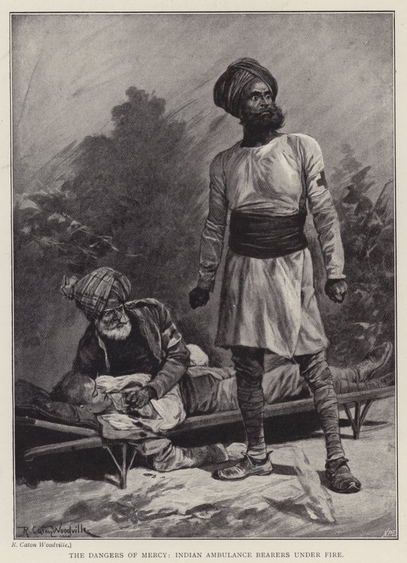 Os perigos da misericórdia, Portadores de ambulância indianos sob fogo (litho) de Richard Caton II (after) Woodville