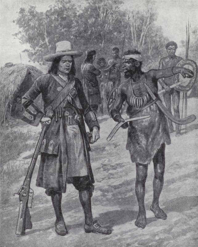 William Dampier com um indígena durante sua exploração da Austrália, no final do século 17 (litho) de Richard Caton II (after) Woodville