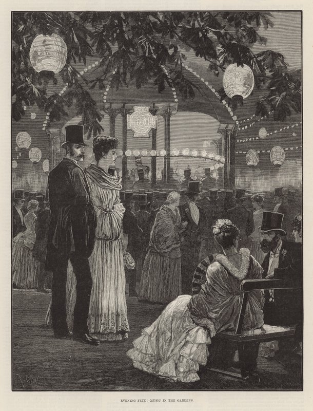 Festa da noite em benefício dos Hospitais de Londres - Música nos jardins de Richard Caton Woodville