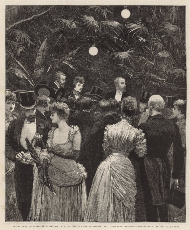 Festa da noite para o benefício dos Hospitais de Londres - a Princesa de Gales vendendo flores de Richard Caton Woodville