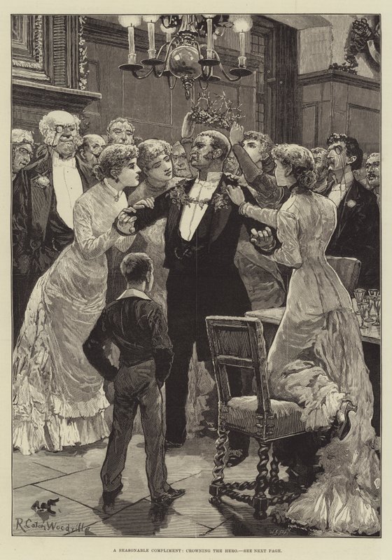 Um elogio sazonal, coroando o herói de Richard Caton Woodville junior
