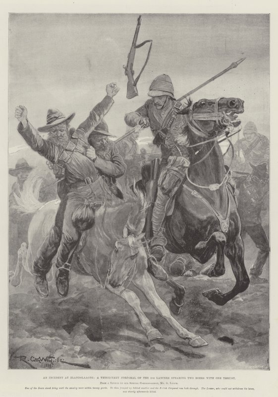 Um incidente em Elandslaagte, um cabo veterinário dos 5 Lancers, espetando dois Boers com um empuxo de Richard Caton Woodville junior