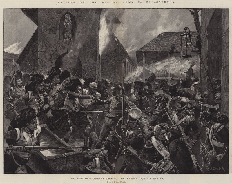 Batalhas do Exército Britânico, Corunha, os 42 Highlanders expulsando os franceses de Elvina de Richard Caton Woodville junior
