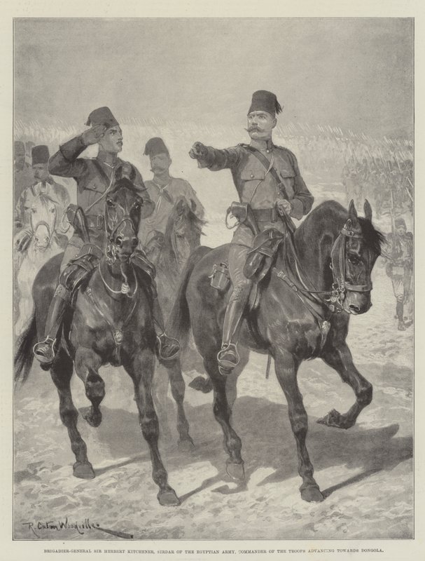 General de Brigada Sir Herbert Kitchener, Sirdar do Exército Egípcio, Comandante das Tropas avançando em direção a Dongola de Richard Caton Woodville junior