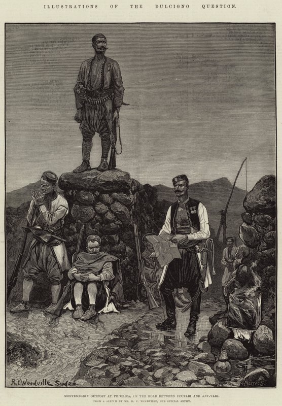 Ilustrações da Questão Dulcigno, Posto Avançado Montenegrino em Pecorica, na estrada entre Scutari e Antivari de Richard Caton Woodville junior