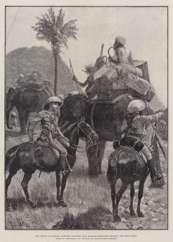 Nossas tropas em Burmah, infantaria montada com elefantes de bagagem cruzando as colinas de Shan de Richard Caton Woodville junior