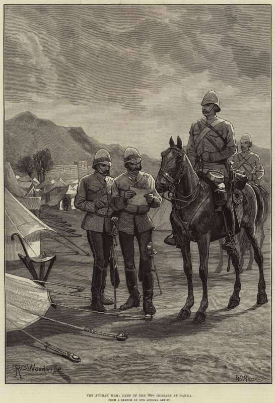 A Guerra do Afeganistão, Acampamento dos 10 Hussardos em Dakka de Richard Caton Woodville junior
