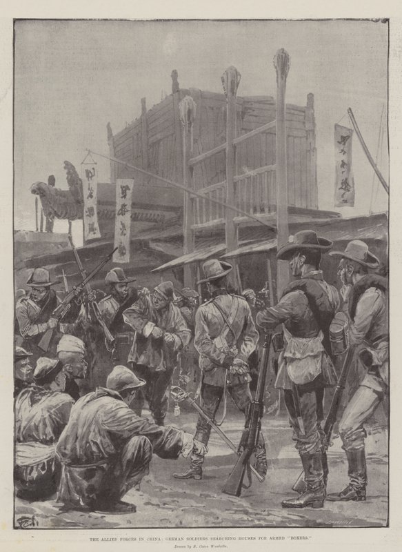 As Forças Aliadas na China, Soldados Alemães procurando Casas por Boxeadores Armados de Richard Caton Woodville junior