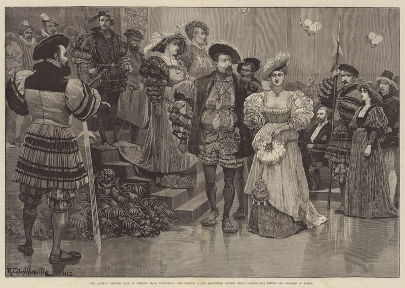 O baile de fantasias do artista no Prince&39;s Hall, Piccadilly, o grupo Francis I e Benvenuto Cellini passando pelo Príncipe e Princesa de Gales de Richard Caton Woodville junior