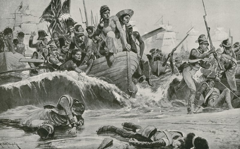 As tropas britânicas forçam um pouso na baía de Aboukir em face das baterias francesas de Richard Caton Woodville junior