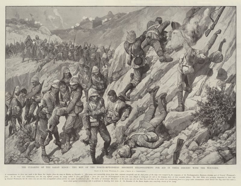 A Clareira do Cume de Saran, os Homens do Regimento de Northamptonshire, heliografando a Ajuda em seu Descent com os Feridos de Richard Caton Woodville junior