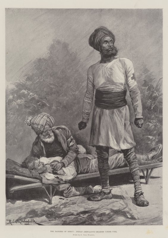 Os perigos da misericórdia, portadores de ambulância indígena sob fogo de Richard Caton Woodville junior