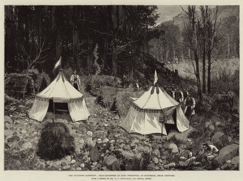 A pergunta de Dulcigno, Head-Quarters de Bozo Petrovics, em Sutorman, perto de Antivari de Richard Caton Woodville junior