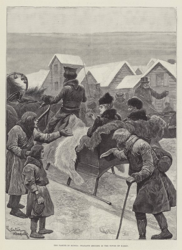 A fome na Rússia, camponeses implorando nas cidades de Kazan de Richard Caton Woodville junior