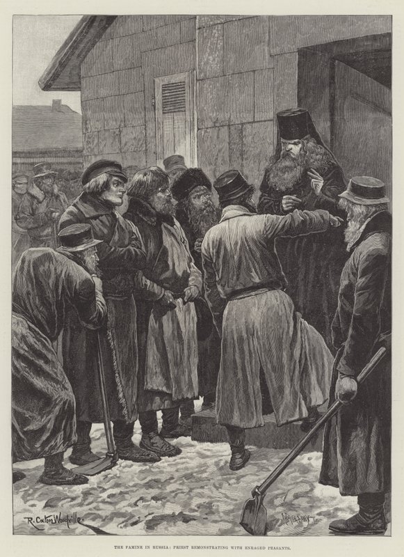 A fome na Rússia, sacerdote protestando contra os camponeses enfurecidos de Richard Caton Woodville junior