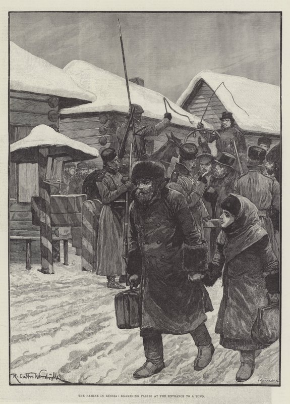 A fome na Rússia, examinando passes na entrada de uma cidade de Richard Caton Woodville junior