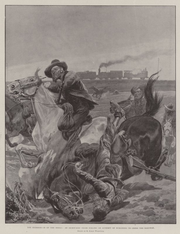 O Hemming-In dos Boers, um trem blindado frustrando uma tentativa de Burghers para atravessar a ferrovia de Richard Caton Woodville junior