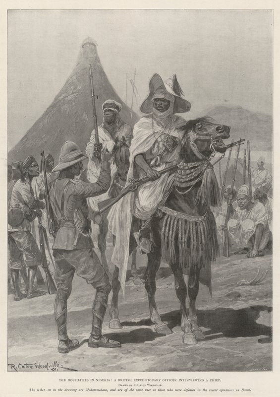 As hostilidades na Nigéria, um oficial expedicionário britânico entrevistando um chefe de Richard Caton Woodville junior