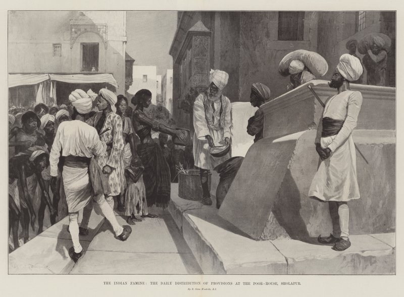 A Fome Indiana, a Distribuição Diária de Provisões na Casa de Pobres, Sholapur de Richard Caton Woodville junior