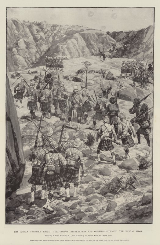 The Indian Frontier Rising, os Gordon Highlanders e Gurkhas atacando o Dargai Ridge de Richard Caton Woodville junior