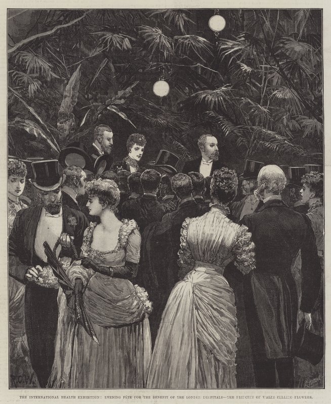 A Exposição Internacional de Saúde, Evening Fete para o benefício dos hospitais de Londres, a princesa de Gales vendendo flores de Richard Caton Woodville junior