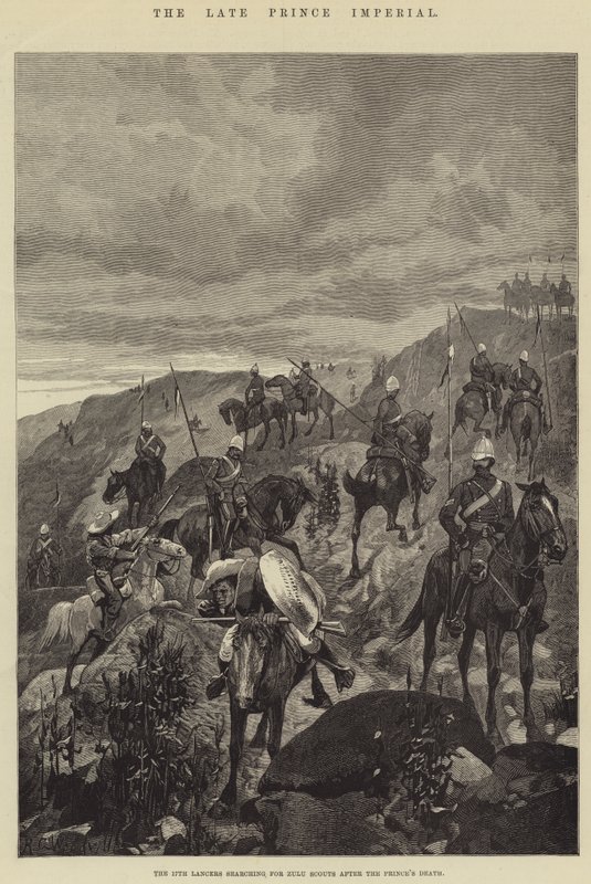 The Late Prince Imperial, o 17º lanceiros procurando por escoteiros zulus após a morte do príncipe de Richard Caton Woodville junior