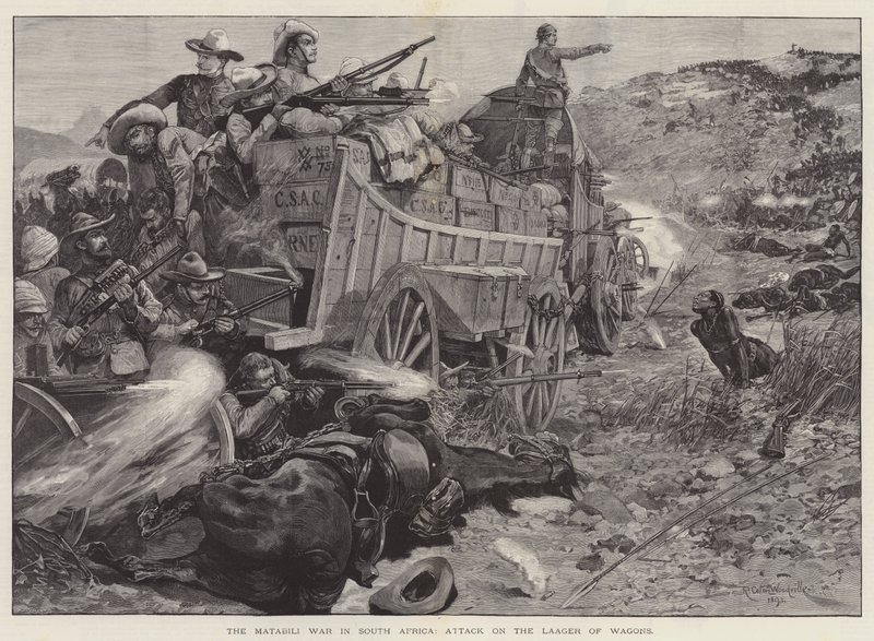 A guerra Matabili na África do Sul, ataque ao Laager de vagões de Richard Caton Woodville junior