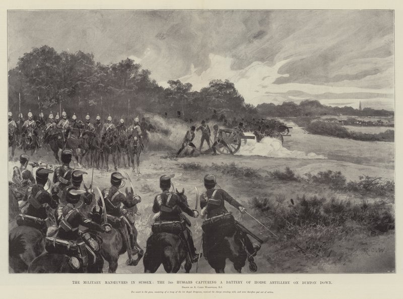 As manobras militares em Sussex, o terceiro Hussars capturando uma bateria de artilharia de cavalo em Burton Down de Richard Caton Woodville junior