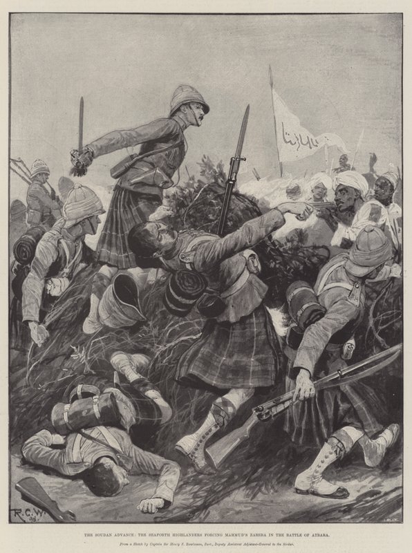 O avanço do Sudão, os Highlanders de Seaforth forçando Zareba de Mahmud na Batalha de Atbara de Richard Caton Woodville junior
