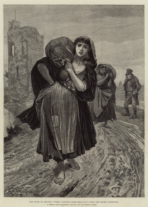 O Estado da Irlanda, Mulheres carregando Seals-Refeições Caseiras do Comitê de Socorro de Richard Caton Woodville junior