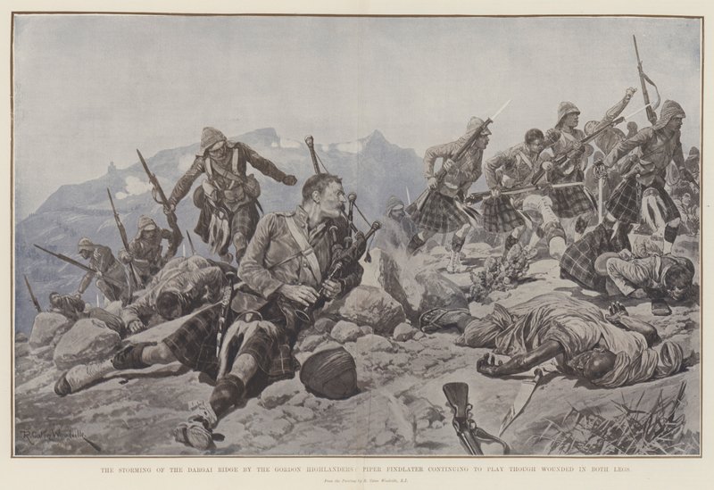 O ataque do Dargai Ridge pelos Gordon Highlanders, Piper Findlater continua a jogar embora ferido em ambas as pernas de Richard Caton Woodville junior
