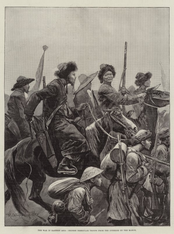 A guerra na Ásia oriental, tropas irregulares chinesas do interior em março de Richard Caton Woodville junior