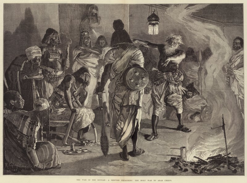 A guerra no Sudão, um dervixe pregando a guerra santa aos chefes árabes de Richard Caton Woodville junior