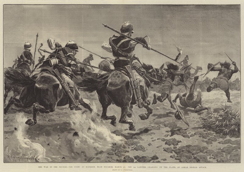 A Guerra no Sudão, a Luta em Hasheen, perto de Souakim, 20 de março, o 5º Lancers atacando o Flanco do Ataque de Osman Digna de Richard Caton Woodville junior