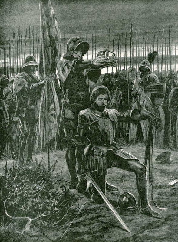 A coroação informal de Henrique VII por Lorde Stanley no campo de batalha de Bosworth, em 22 de agosto de 1485 de Richard Caton Woodville junior