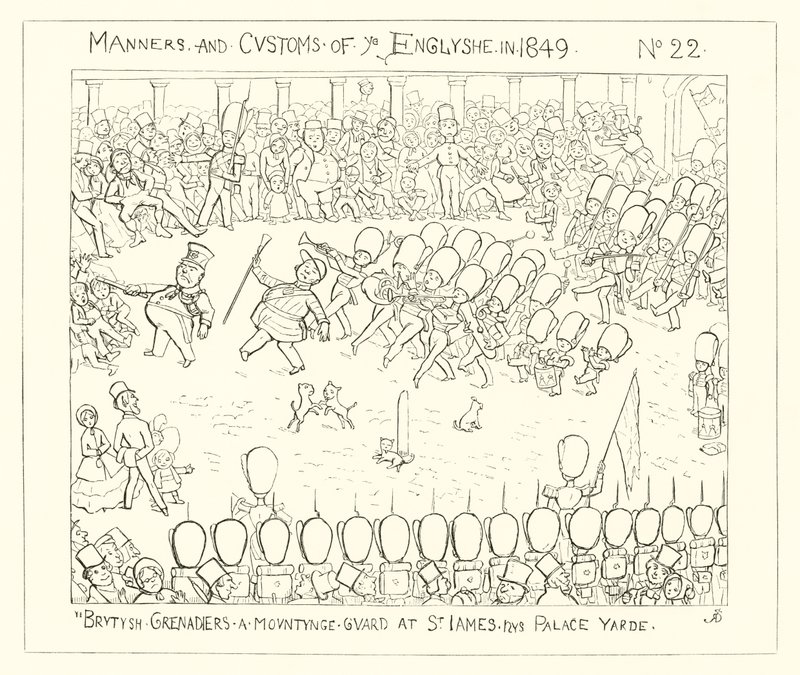 1849, granadeiros britânicos que montam guarda na jarda do palácio de St Jamess de Richard Doyle