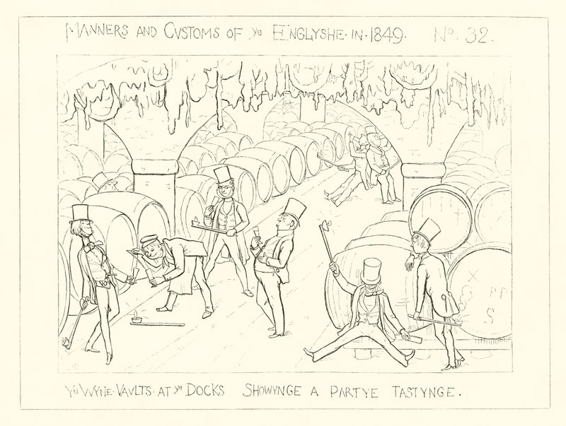 1849, as abóbadas de vinho nas docas, mostrando uma festa de degustação de Richard Doyle