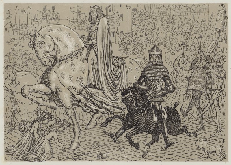 Edward, o Príncipe Negro, com seu prisioneiro Rei João da França, entrando em Londres (aquatint) de Richard Doyle