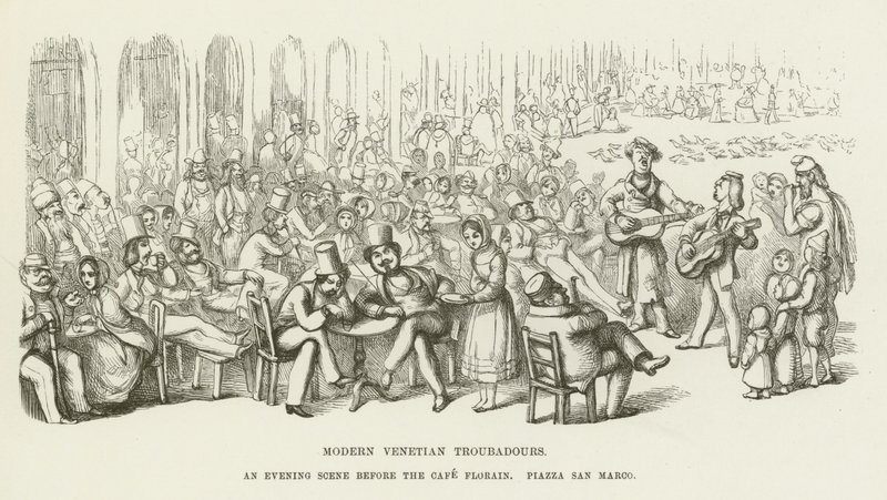 Trovadores venezianos modernos, uma cena da noite antes do Cafe Florain, Piazza San Marco de Richard Doyle