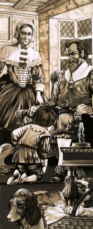Um rapaz do século XVII ajoelha-se diante do seu pai em penitência (guache sobre papel) de Richard Hook