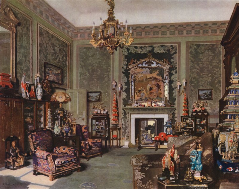 Palácio de Buckingham: Quarto Chippendale Chinês da Rainha Maria (litografia a cores) de Richard Jack