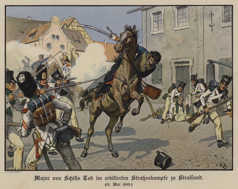Morte do Major von Schill numa batalha de rua em Stralsund, 31 de Maio de 1809 (cor litho) de Richard Knotel