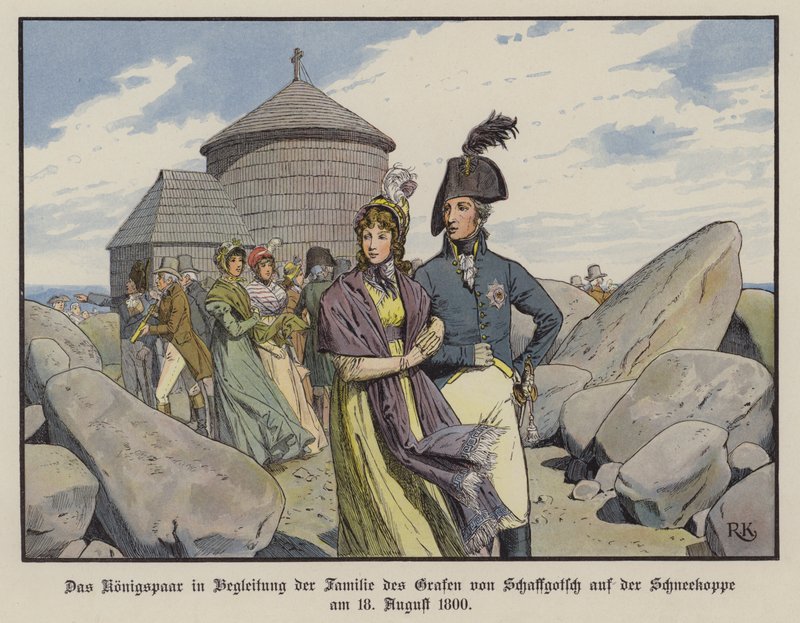 O Rei Frederick William III e a Rainha Luísa da Prússia na companhia da família do Conde von Schaffgotsch no Schneekoppe, Agosto de 1800 (cor litho) de Richard Knotel