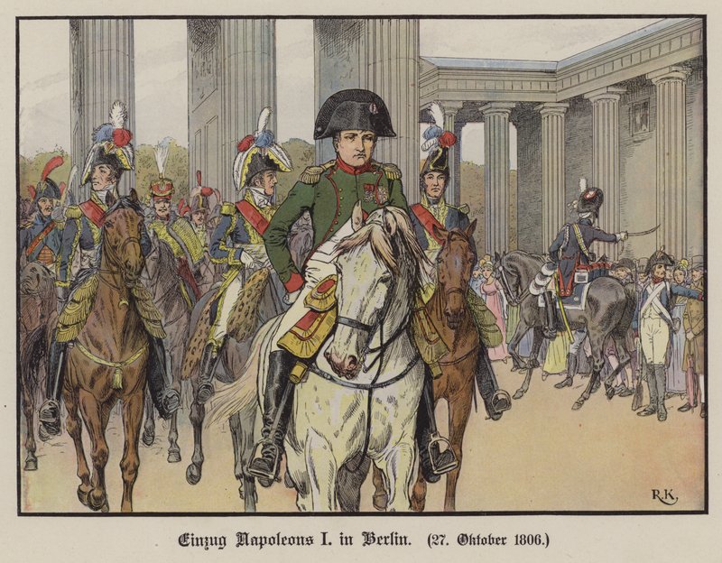Napoleão entrando em Berlim, 27 de Outubro de 1806 (cor litho) de Richard Knotel