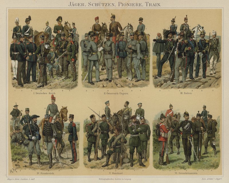 Riflemen, pioneiros e tropas de abastecimento dos exércitos europeus (cor litho) de Richard Knotel