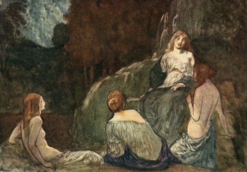 Onde o machado rude, com golpe levantado, nunca foi ouvido as ninfas para assustar de Robert Anning Bell