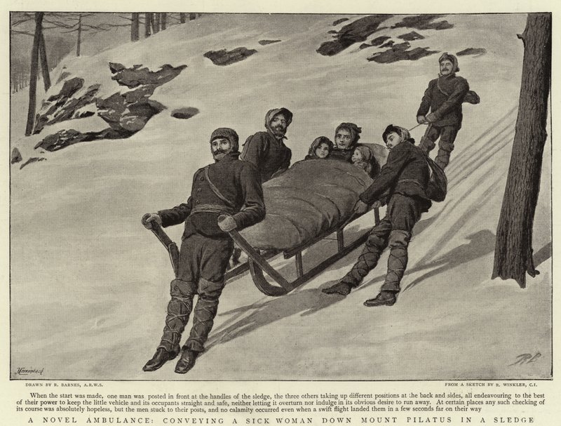 Uma nova ambulância, transportando uma mulher doente no Monte Pilatus em um trenó de Robert Barnes