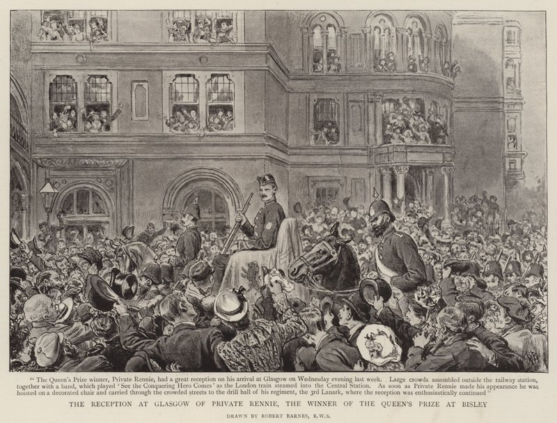 A recepção em Glasgow de Private Rennie, o vencedor do prêmio da rainha em Bisley de Robert Barnes