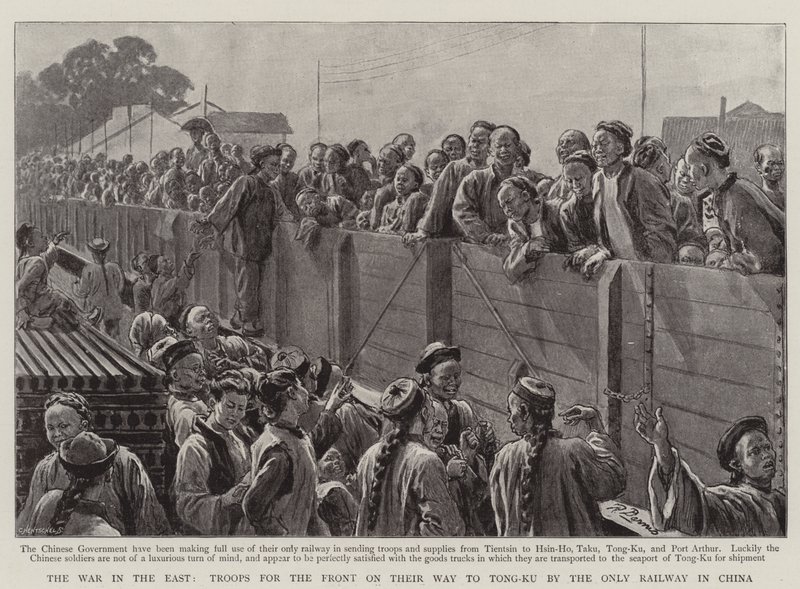 A guerra no leste, tropas para a frente em seu caminho para Tong-Ku pela única ferrovia na China de Robert Barnes
